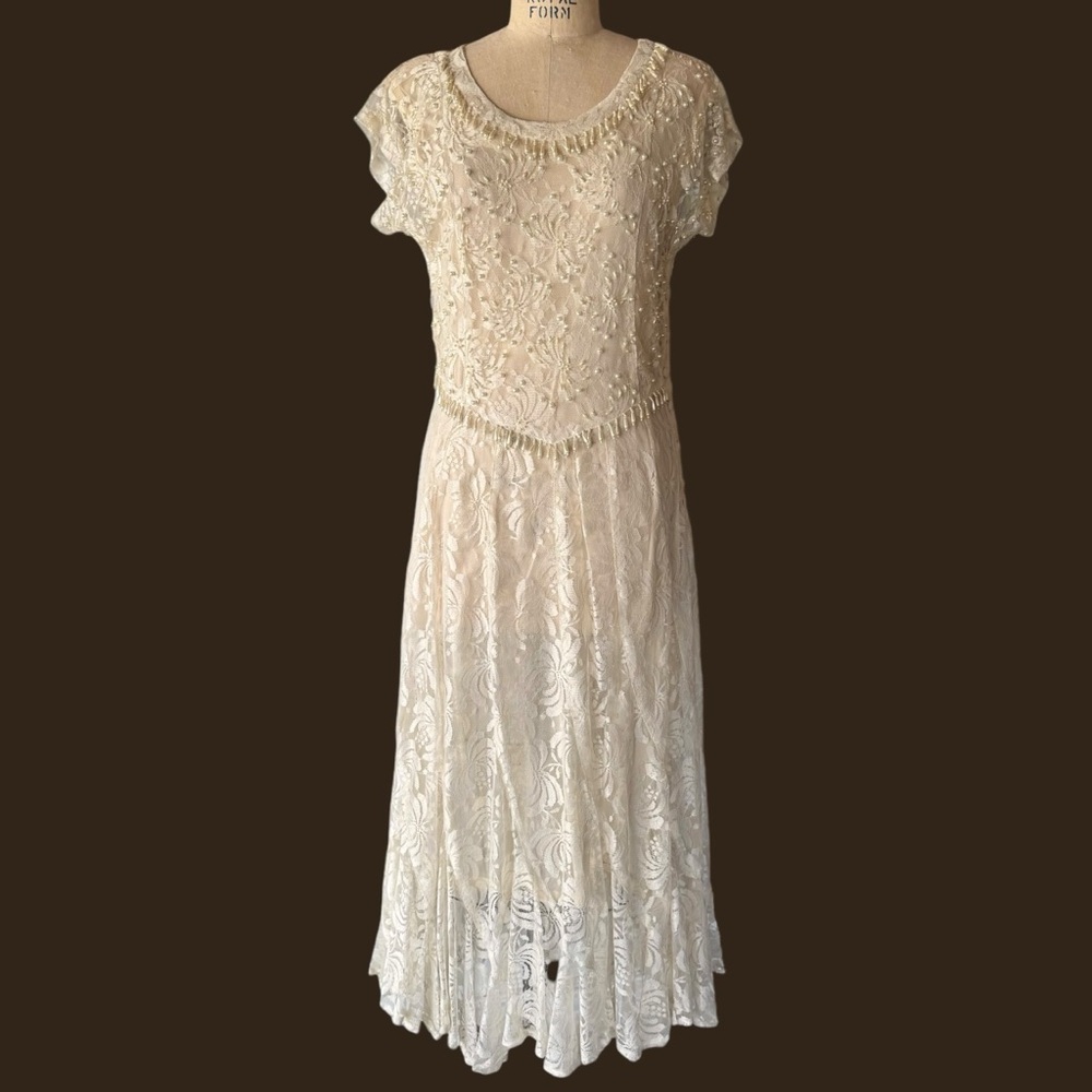 Vintage 70s Beaded White Lace Wedding Dress - image 1